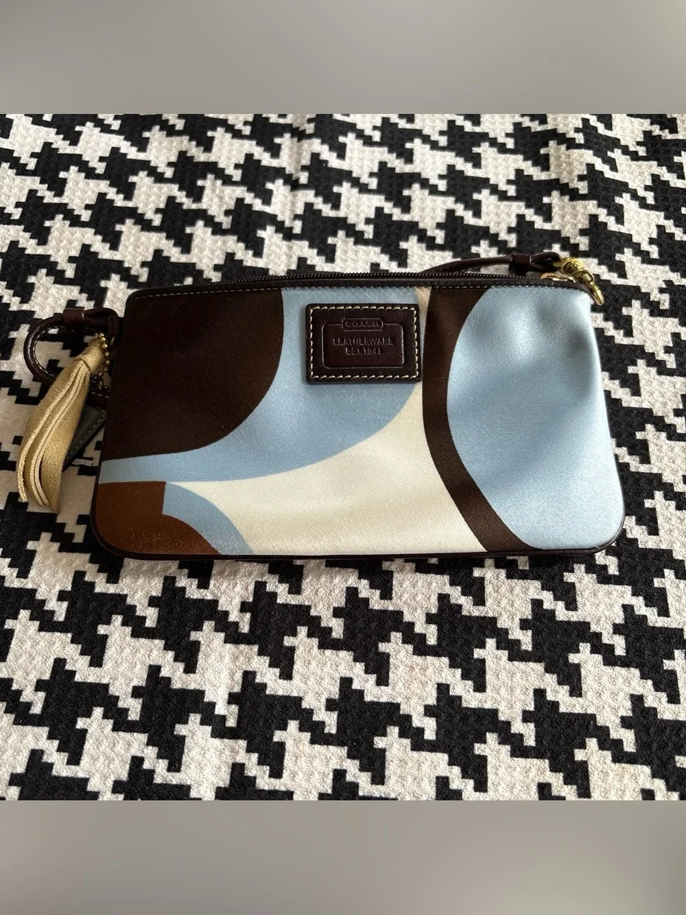 Coach Floral Curve Wristlet in Light Blue, Brown & Cream